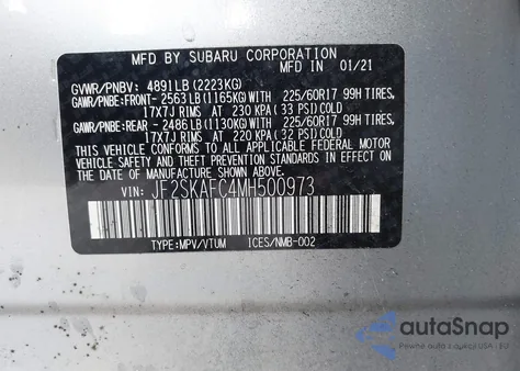 2021 Subaru Forester Premium z USA, uszkodzony, nr VIN JF2SKAFC4MH500973